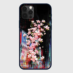 Чехол для iPhone 12 Pro Ветка сакуры на фоне ночного Токио - glitch, цвет: 3D-черный