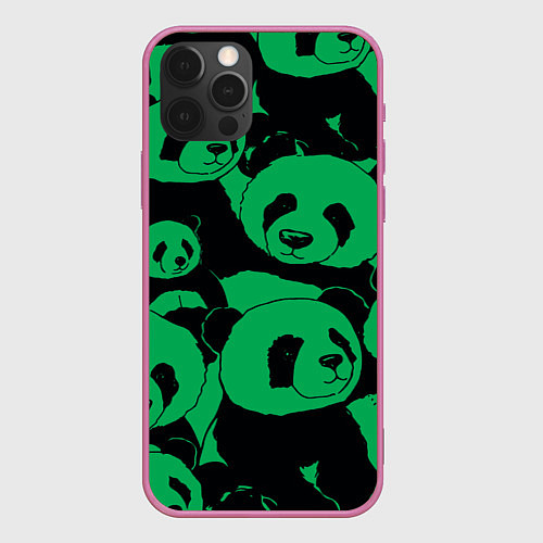 Чехол iPhone 12 Pro Panda green pattern / 3D-Малиновый – фото 1