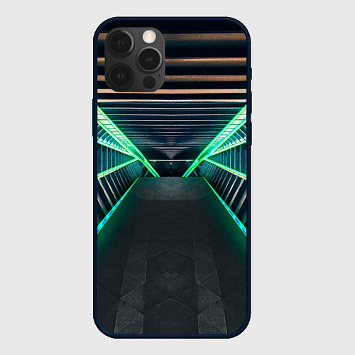 Чехол iPhone 12 Pro Неоновые фонари на космическом коридоре / 3D-Черный – фото 1