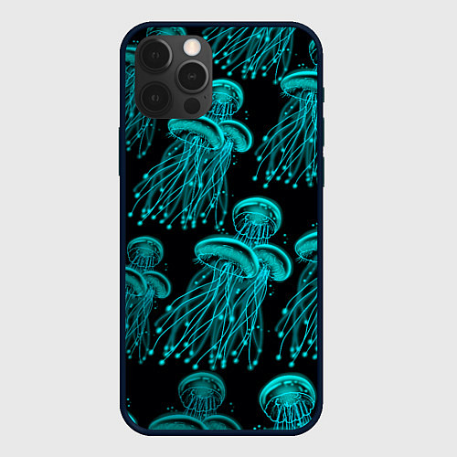 Чехол iPhone 12 Pro Неоновые медузы / 3D-Черный – фото 1
