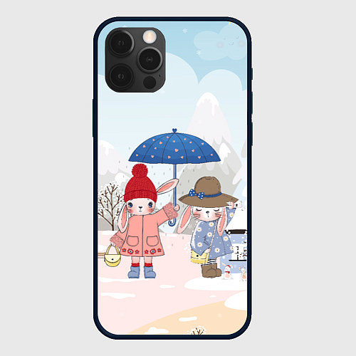 Чехол iPhone 12 Pro Зайчики под зонтом / 3D-Черный – фото 1
