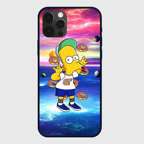 Чехол iPhone 12 Pro Барт Симпсон с пончиками в космическом пространств / 3D-Черный – фото 1