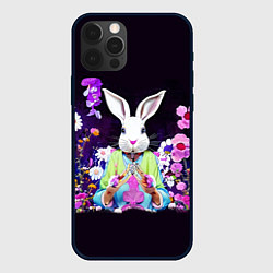 Чехол для iPhone 12 Pro Кролик в цветах на черном фоне, цвет: 3D-черный
