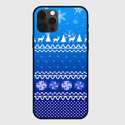 Чехол для iPhone 12 Pro Новогодний узор на синем фоне, цвет: 3D-черный