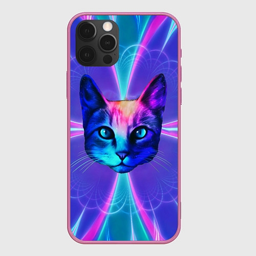 Чехол iPhone 12 Pro Яркий неоновый портрет кота / 3D-Малиновый – фото 1
