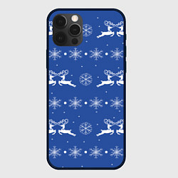 Чехол iPhone 12 Pro Белые олени со снежинками на синем фоне
