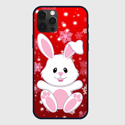 Чехол iPhone 12 Pro Весёлый кролик в снежинках / 3D-Черный – фото 1