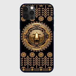 Чехол для iPhone 12 Pro Медведь золотой барельеф с этническим орнаментом, цвет: 3D-черный