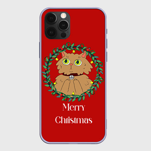 Чехол iPhone 12 Pro Christmas cat with a garland / 3D-Светло-сиреневый – фото 1