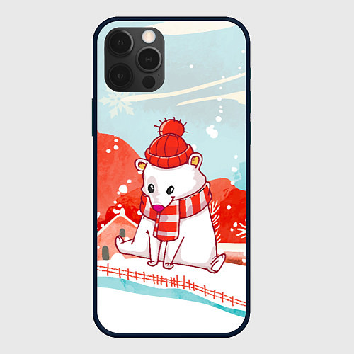 Чехол iPhone 12 Pro Белый мишка новый год / 3D-Черный – фото 1