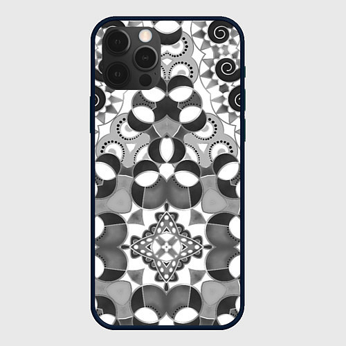 Чехол iPhone 12 Pro Бело-серый этнический узор / 3D-Черный – фото 1