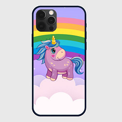 Чехол для iPhone 12 Pro Единорог на фоне радуги, цвет: 3D-черный