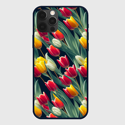 Чехол iPhone 12 Pro Много тюльпанов / 3D-Черный – фото 1