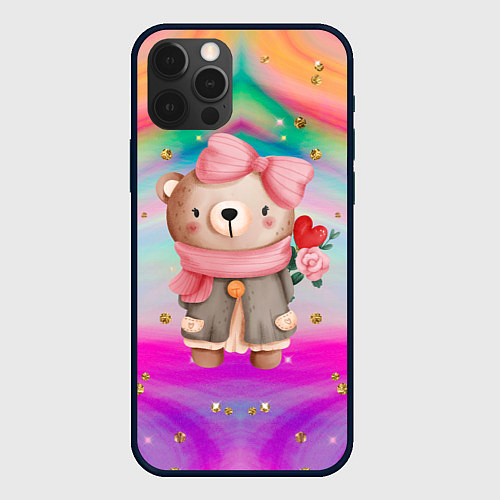 Чехол iPhone 12 Pro Мишка с сердечком и цветком / 3D-Черный – фото 1