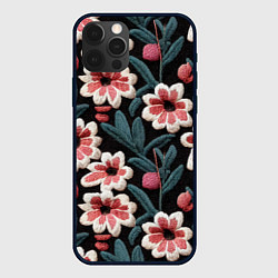 Чехол для iPhone 12 Pro Эффект вышивки цветы, цвет: 3D-черный