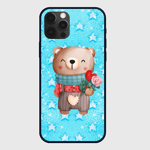 Чехол iPhone 12 Pro Мишка с розой / 3D-Черный – фото 1