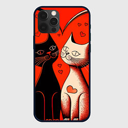 Чехол iPhone 12 Pro Влюблённые кошки на красном фоне