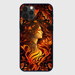 Чехол iPhone 12 Pro Девушка в стиле ар-нуво с огнем и осенними листьям