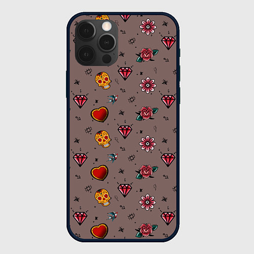 Чехол iPhone 12 Pro Паттерн с татуировками в стиле олдскул / 3D-Черный – фото 1