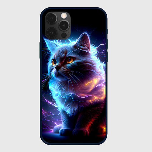 Чехол iPhone 12 Pro Электрический котёнок искрящий молниями / 3D-Черный – фото 1