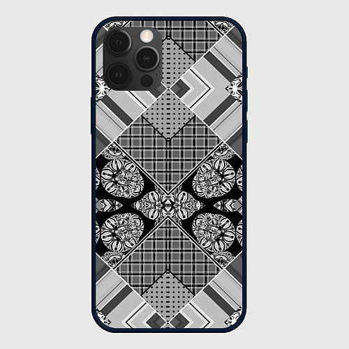 Чехол iPhone 12 Pro Черно белый этнический лоскутный узор / 3D-Черный – фото 1