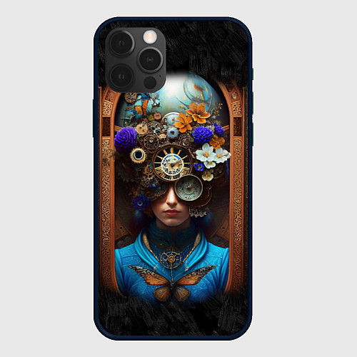Чехол iPhone 12 Pro Женщина с цветами в стиле стимпанк / 3D-Черный – фото 1