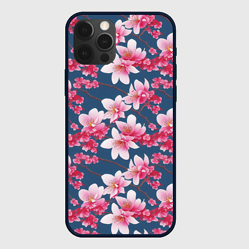 Чехол iPhone 12 Pro Паттерн сакура / 3D-Черный – фото 1