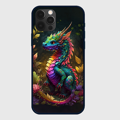 Чехол iPhone 12 Pro Разноцветный дракончик в лесу / 3D-Черный – фото 1