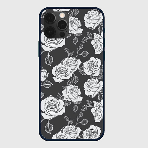 Чехол iPhone 12 Pro Нарисованные белые розы / 3D-Черный – фото 1