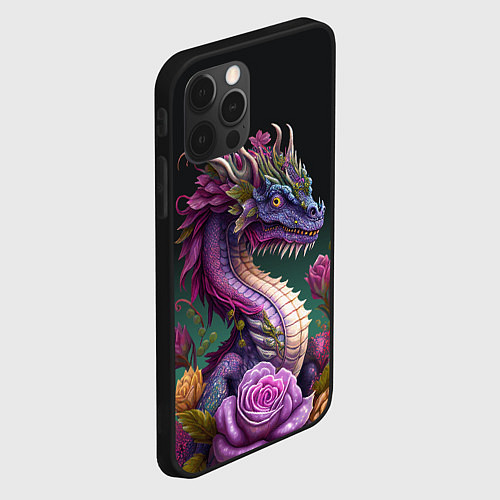 Чехол iPhone 12 Pro Неоновый дракон с цветами / 3D-Черный – фото 2