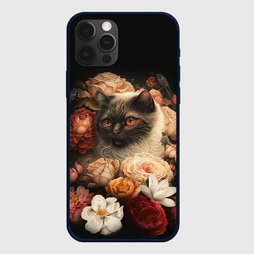 Чехол iPhone 12 Pro Милый котик окружённый цветами / 3D-Черный – фото 1