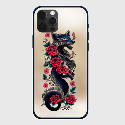 Чехол iPhone 12 Pro Irezumi - татуировка лиса в розах / 3D-Черный – фото 1