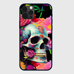 Чехол iPhone 12 Pro Skull on a background of flowers - irezumi