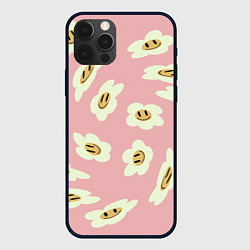 Чехол iPhone 12 Pro Искаженные смайлы-цветы на розовом паттер