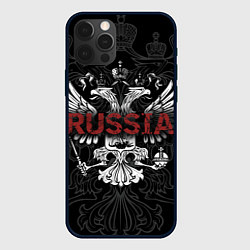 Чехол для iPhone 12 Pro Герб России с надписью Russia, цвет: 3D-черный