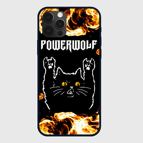 Чехол iPhone 12 Pro Powerwolf рок кот и огонь / 3D-Черный – фото 1