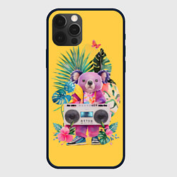 Чехол для iPhone 12 Pro Крутая розовая коала с бумбоксом и тропическими ли, цвет: 3D-черный