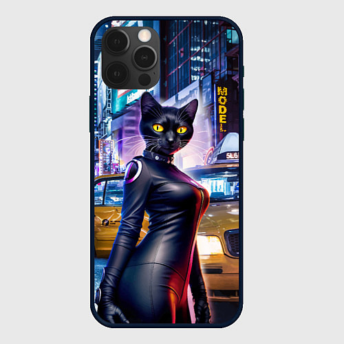 Чехол iPhone 12 Pro Модная чёрная кошечка в Нью-Йорке / 3D-Черный – фото 1
