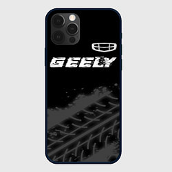 Чехол для iPhone 12 Pro Geely speed на темном фоне со следами шин: символ, цвет: 3D-черный