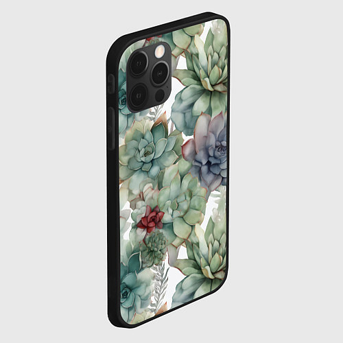 Чехол iPhone 12 Pro Акварельные суккуленты - паттерн / 3D-Черный – фото 2