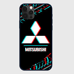 Чехол iPhone 12 Pro Значок Mitsubishi в стиле glitch на темном фоне