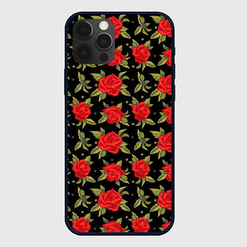 Чехол iPhone 12 Pro Красные розы паттерн / 3D-Черный – фото 1