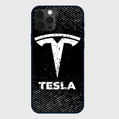 Чехол iPhone 12 Pro Tesla с потертостями на темном фоне / 3D-Черный – фото 1