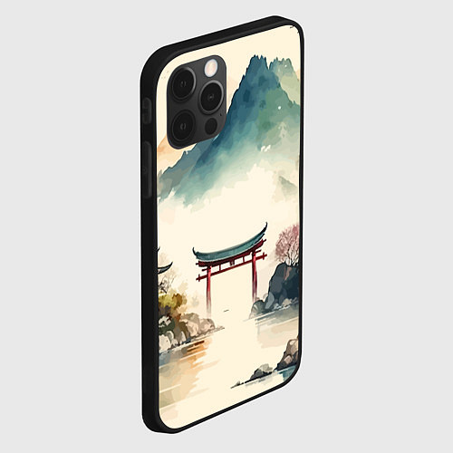Чехол iPhone 12 Pro Японский пейзаж - акварель / 3D-Черный – фото 2