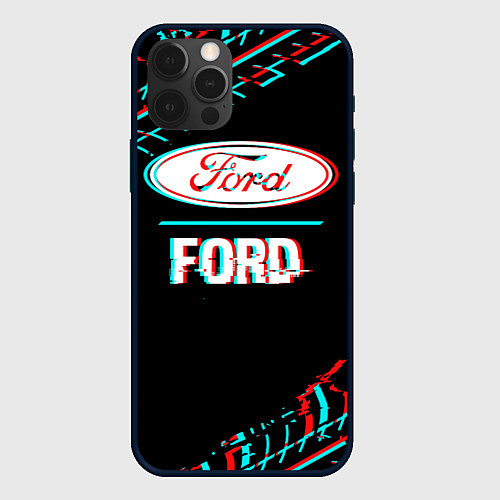 Чехол iPhone 12 Pro Значок Ford в стиле glitch на темном фоне / 3D-Черный – фото 1