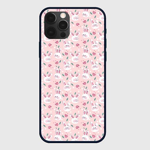 Чехол iPhone 12 Pro Милые кролики паттерн / 3D-Черный – фото 1
