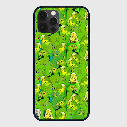 Чехол iPhone 12 Pro Зеленые волнистые попугайчики / 3D-Черный – фото 1