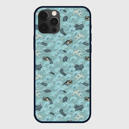 Чехол iPhone 12 Pro Японский дракон на волнах паттерн / 3D-Черный – фото 1
