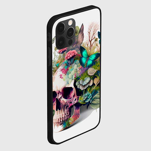 Чехол iPhone 12 Pro Красивый череп с листьями и бабочками / 3D-Черный – фото 2
