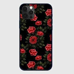 Чехол iPhone 12 Pro Красные розы на черном - паттерн